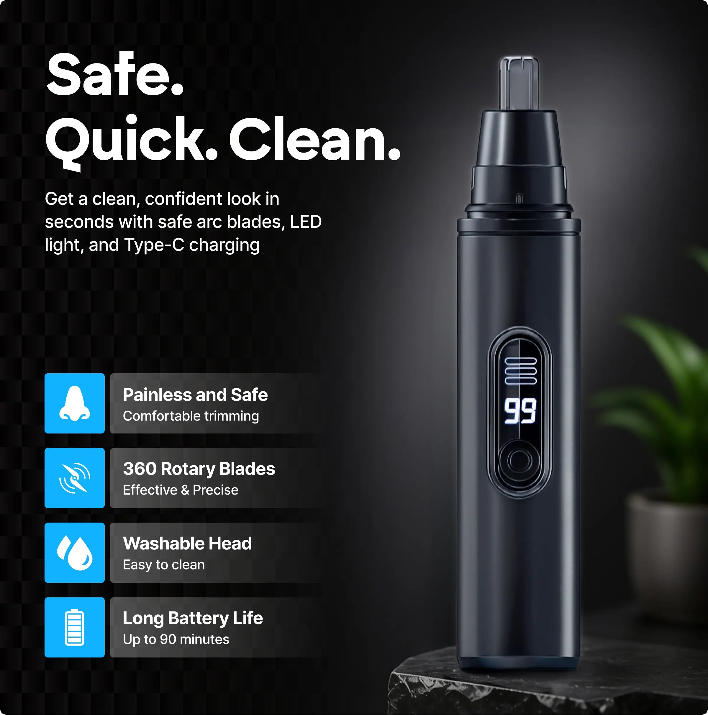 Smart Nose Hair Trimmer with LED Spotlight