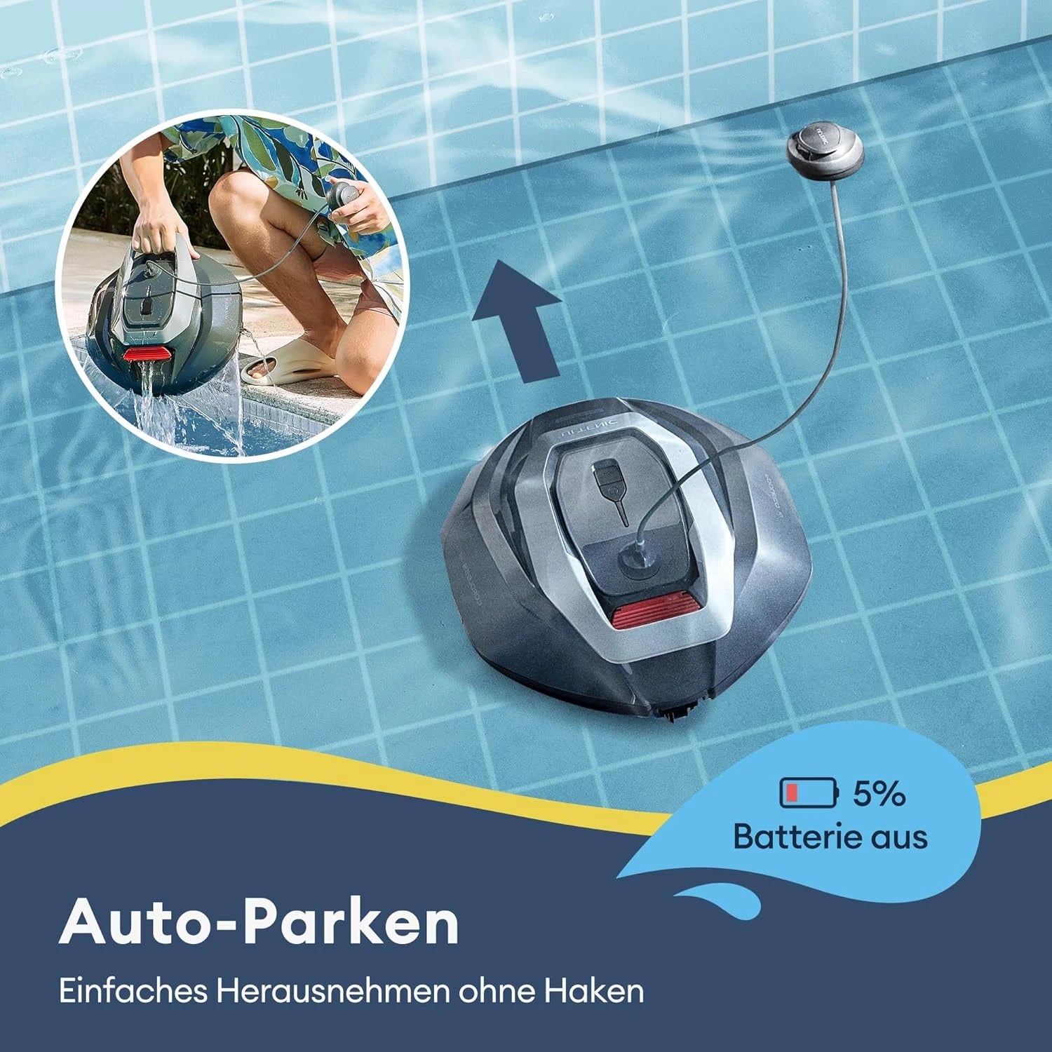 Zwembadrobot met dubbele motoren, 90 minuten gebruiksduur en bereik tot 80 m²