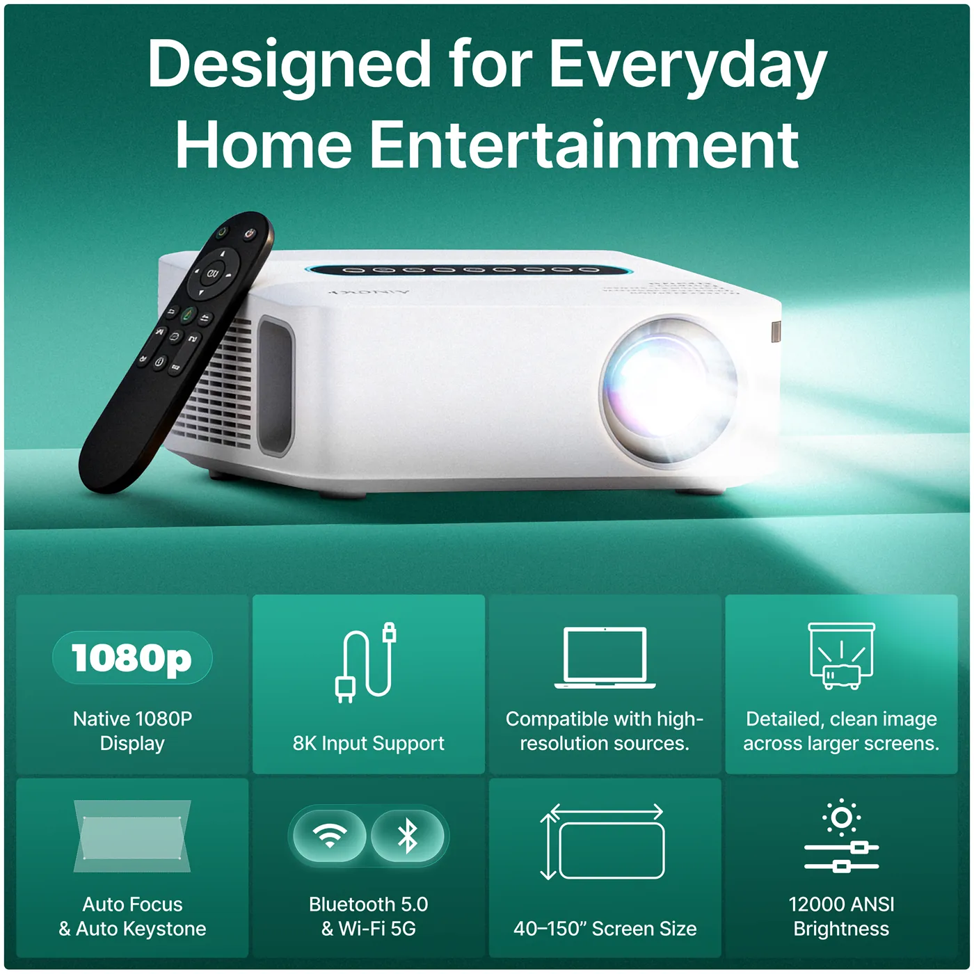  4K & 8K Support Beamer mit 5G WiFi, Bluetooth, 8.000+ Apps & Dolby Sound