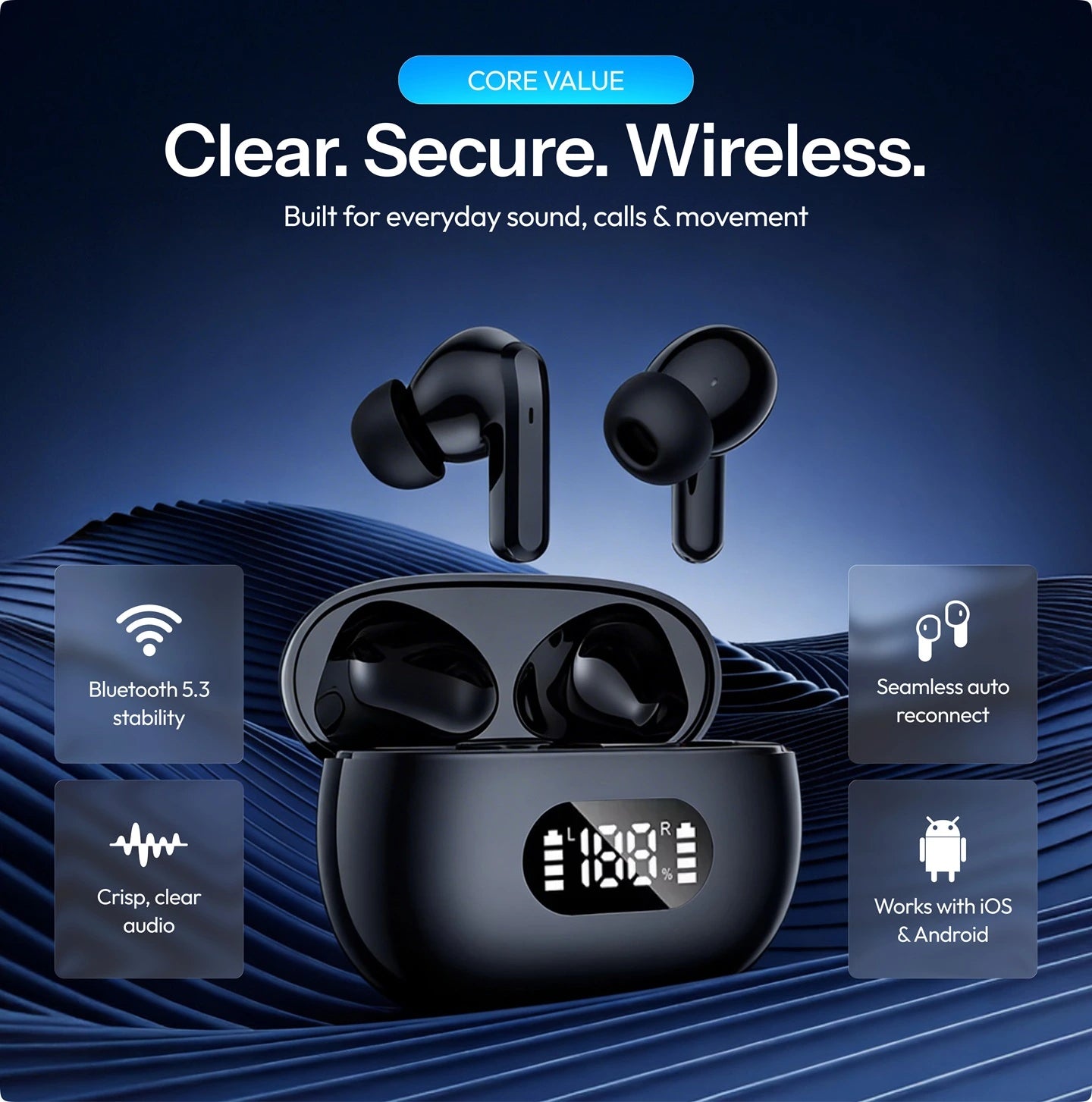 True Wireless in-ear oordopjes, Bluetooth 5.3, 55 uur batterijduur
