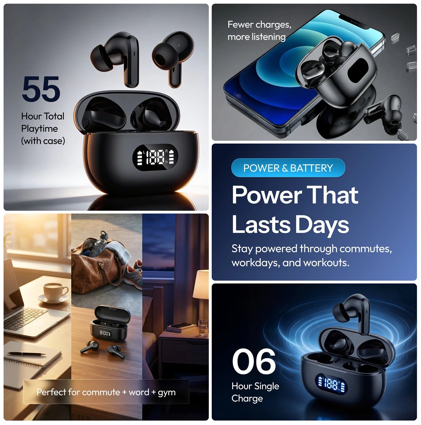 True Wireless in-ear oordopjes, Bluetooth 5.3, 55 uur batterijduur