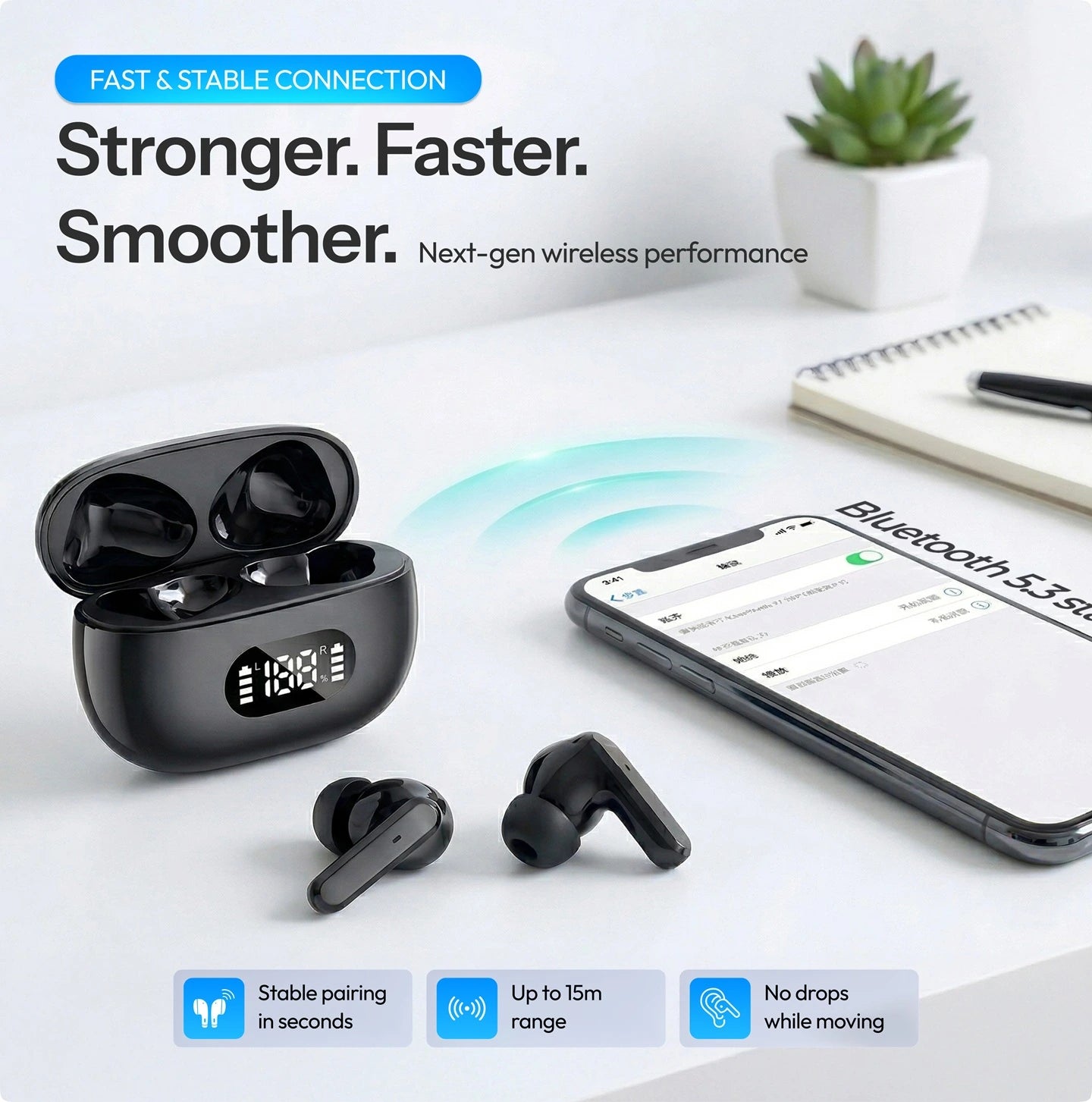 True Wireless in-ear oordopjes, Bluetooth 5.3, 55 uur batterijduur