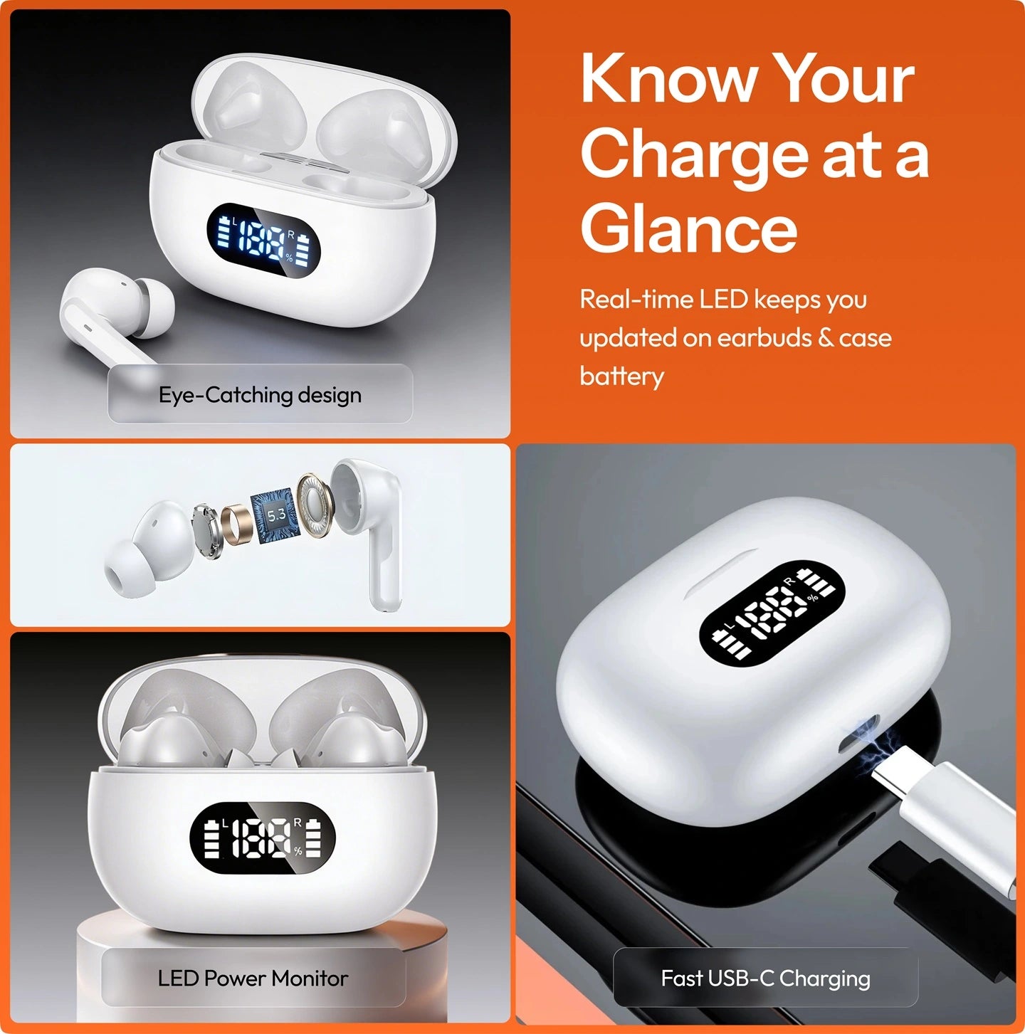 True Wireless in-ear oordopjes, Bluetooth 5.3, 55 uur batterijduur