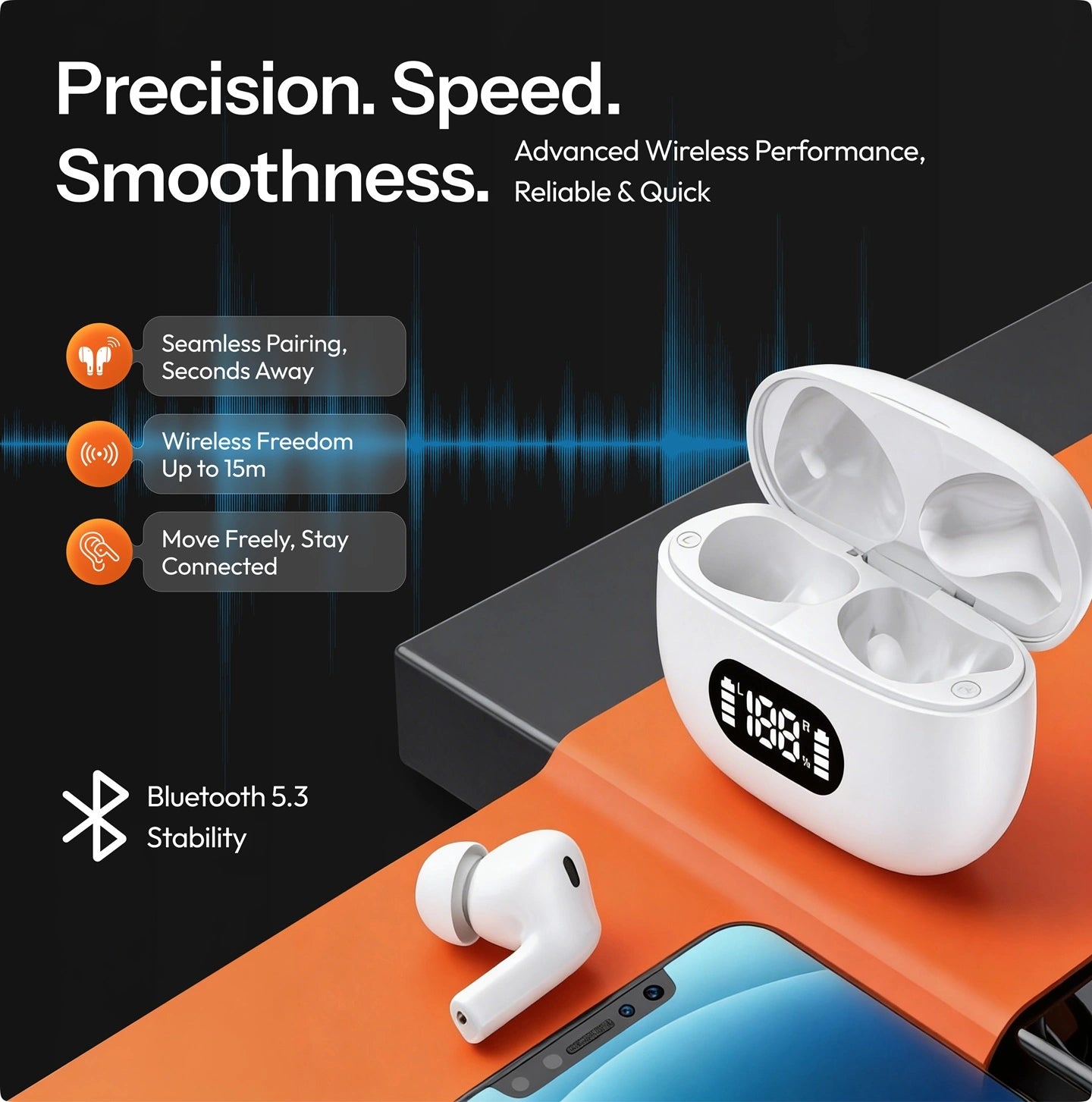 True Wireless in-ear oordopjes, Bluetooth 5.3, 55 uur batterijduur