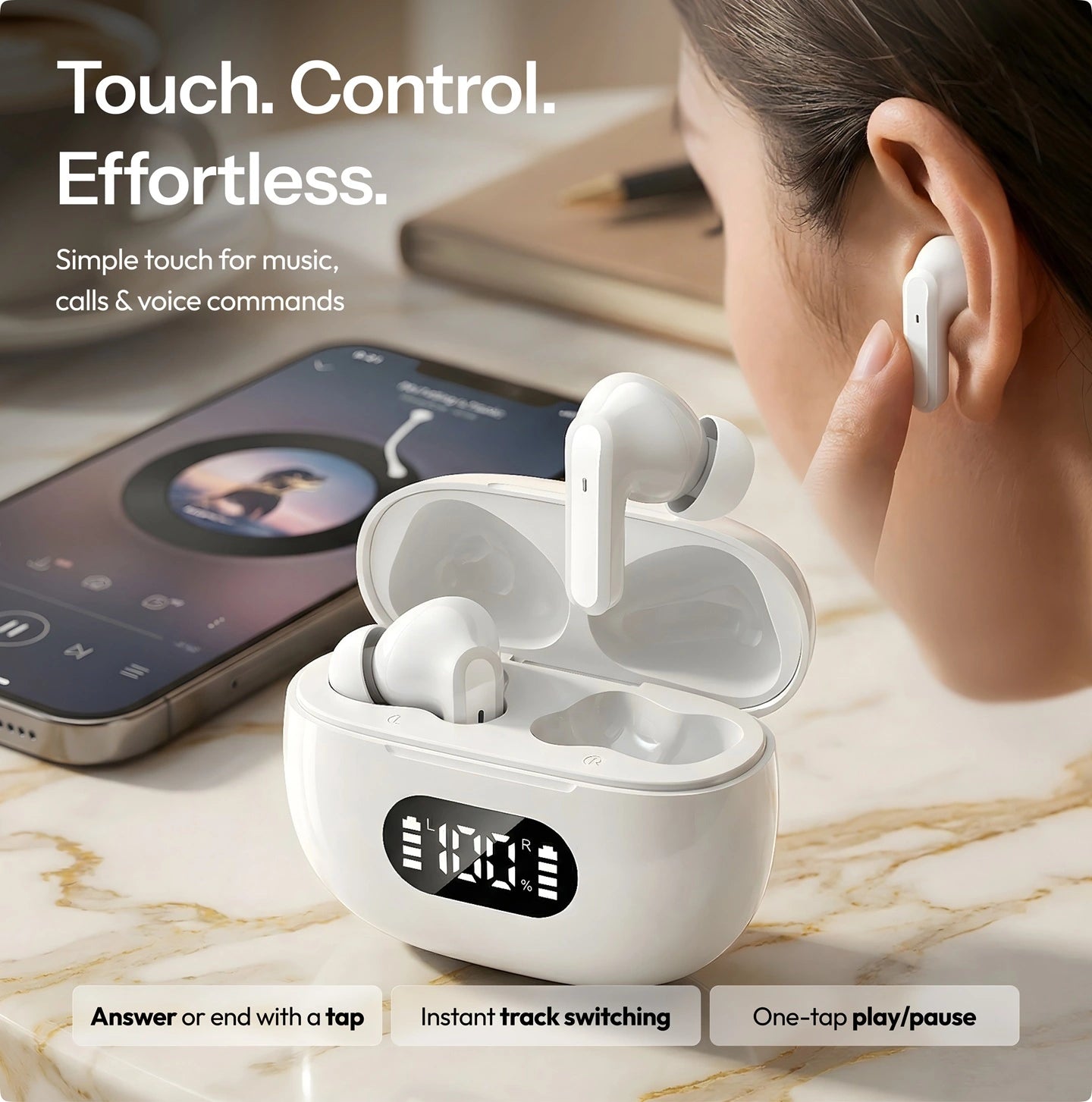 True Wireless in-ear oordopjes, Bluetooth 5.3, 55 uur batterijduur